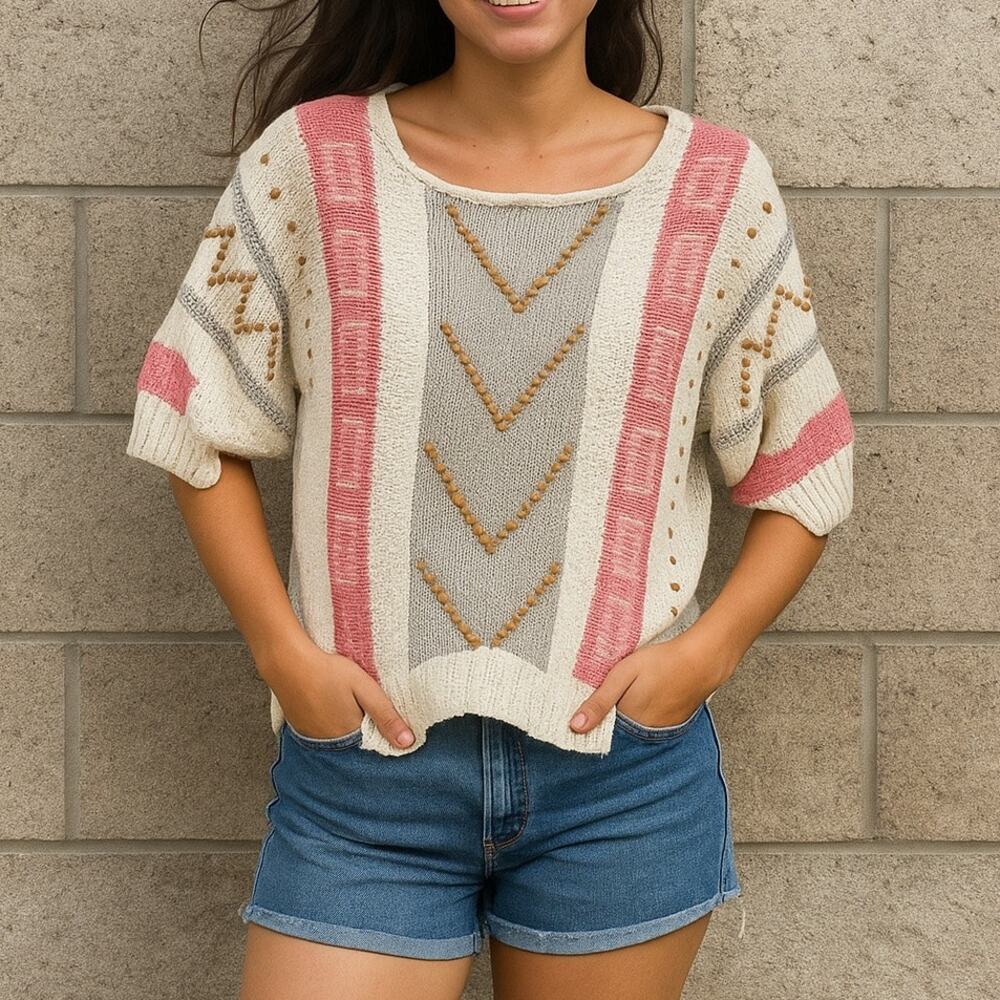 Vintage 80s Pastel Beaded Sweater Womens Small Coastal Beachy Aztec Unique